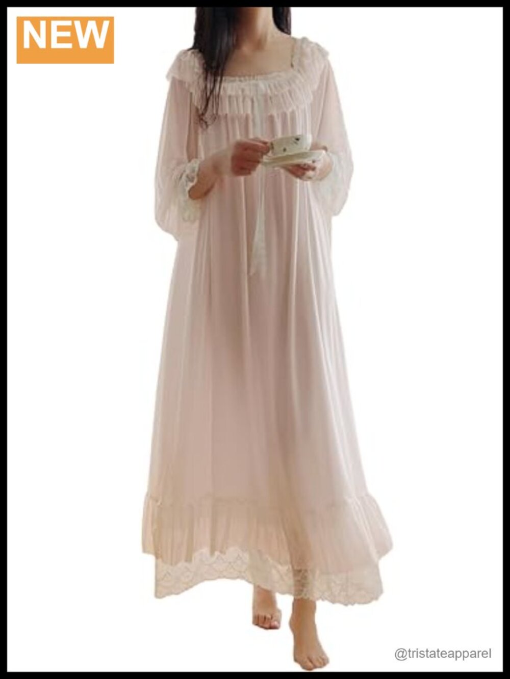 Victorian Lace Nightgown Long Sleeve Cotton Lined Sleepwear Nightdress